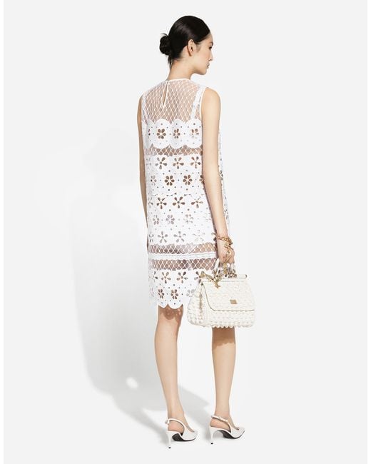 Dolce & Gabbana White Kurzes Kleid Aus Baumwolle Mit Cut-Out-Stickerei