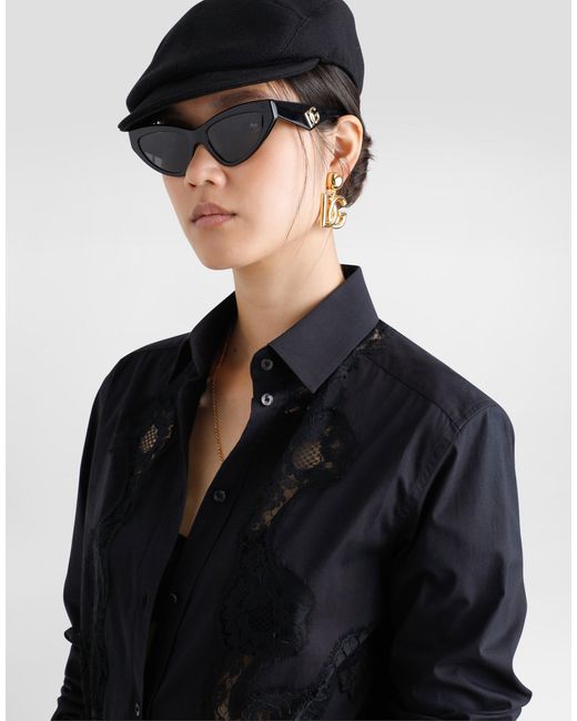 Dolce & Gabbana Black Bluse Aus Baumwollpopeline Mit Spitzeneinsatz