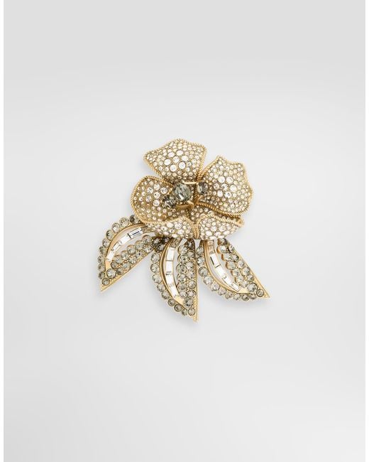 Dolce & Gabbana White Flower Brooch With Rhinestones