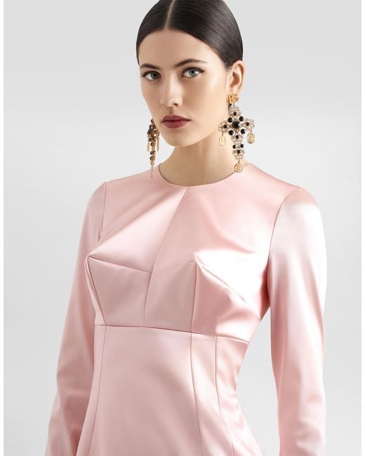 Dolce & Gabbana Pink Stretch Satin Round-Neck Calf-Length Dress