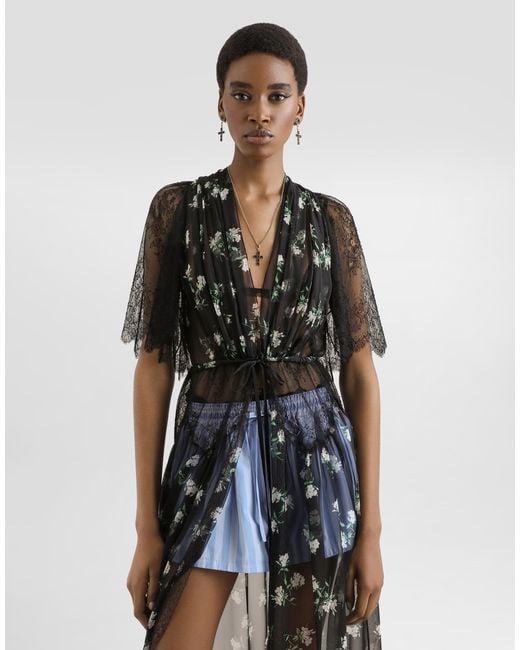 Dolce & Gabbana Black Violets-Print Chiffon Robe Dress