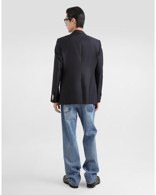 Dolce & Gabbana Blue Single-Breasted Wool And Silk Jacket With Patch for men