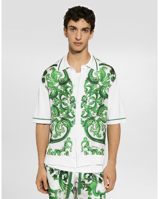 Dolce & Gabbana Green Oversize Silk And Yarn Shirt With Majolica for men