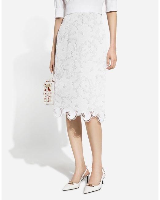 Dolce & Gabbana White Cotton Midi Skirt With Floral Openwork Detailing