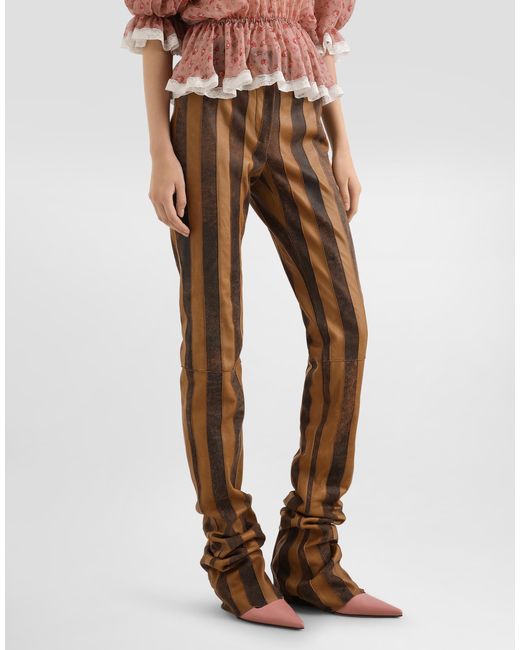 Dolce & Gabbana Natural Nappa Leather Trousers With Striped Print
