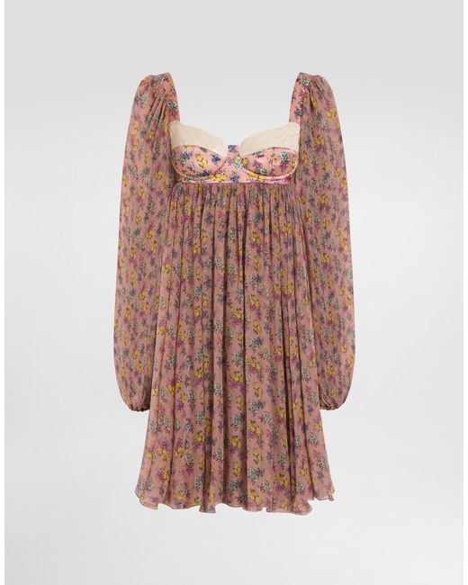 Dolce & Gabbana Brown Small Floral-Print Chiffon Dress With Lace