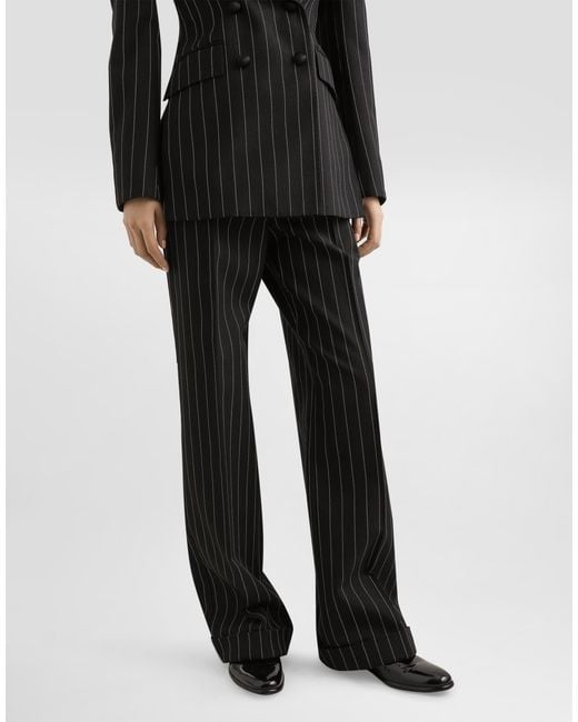 Dolce & Gabbana Black Straight-Leg Pinstripe Wool Pants With Turn-Ups