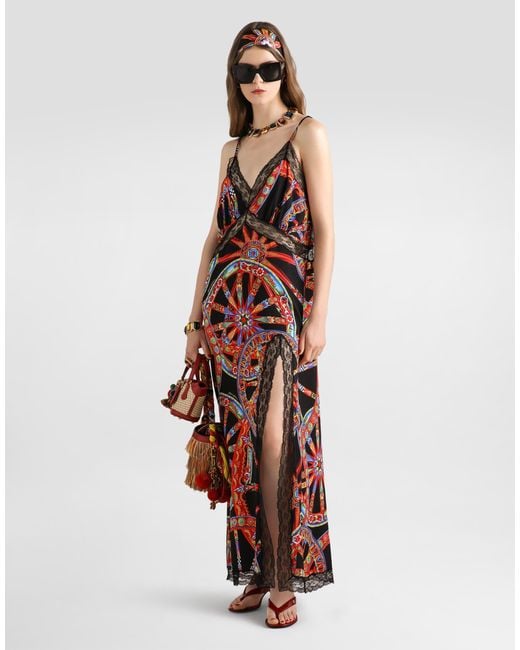 Dolce & Gabbana Red Carretto-Print Charmeuse Slip Dress
