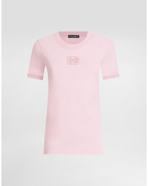 Dolce & Gabbana Pink Jersey T-Shirt With Raised Dg Logo Embroidery