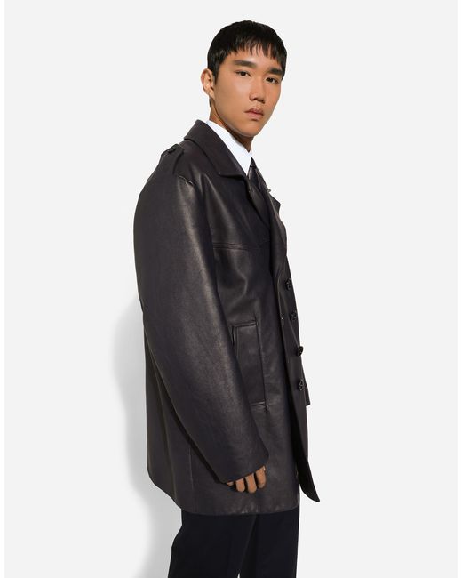 メンズ Dolce & Gabbana レザー ダブルブレスト ピーコート Black