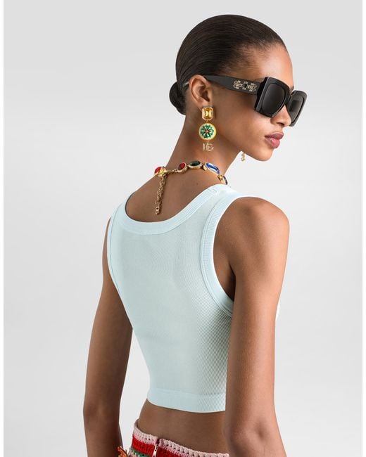 Dolce & Gabbana Blue Cotton Cropped Tank Top With Logo