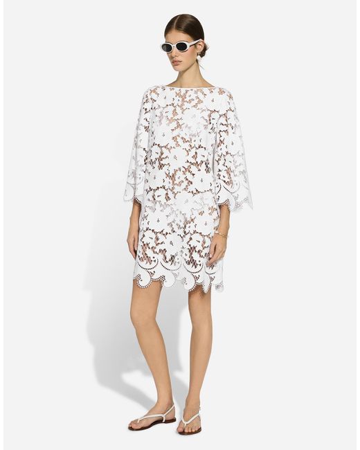 Vestido Corto De Corte Holgado De Algodón Con Bordado Floral Calado Dolce & Gabbana de color White