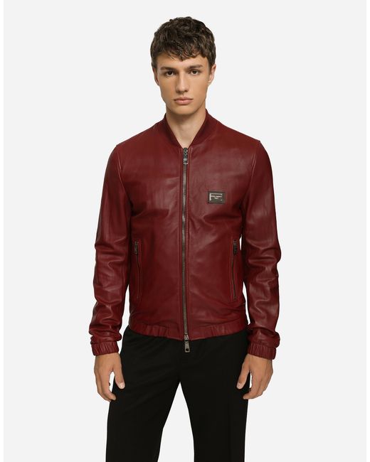 Blouson En Cuir Avec Plaquette À Logo Dolce & Gabbana pour homme en coloris Red