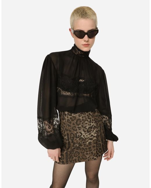 Dolce & Gabbana Black Georgette And Lace Turtle-Neck Blouse