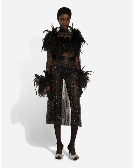 Dolce & Gabbana Black Calf-Length Stretch Tulle Dress With Fusible Rhinestones And Rooster And Ostrich Feather Embellishment