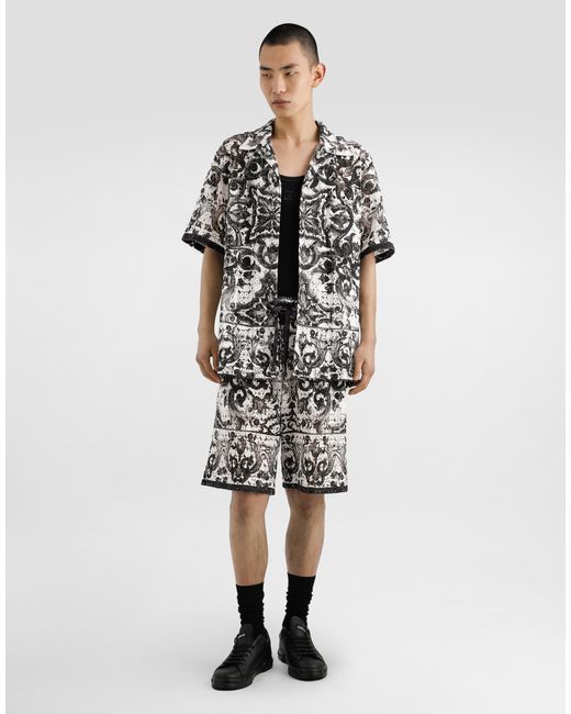 Dolce & Gabbana White Majolica-Print Hawaii Crochet Lace Shirt for men