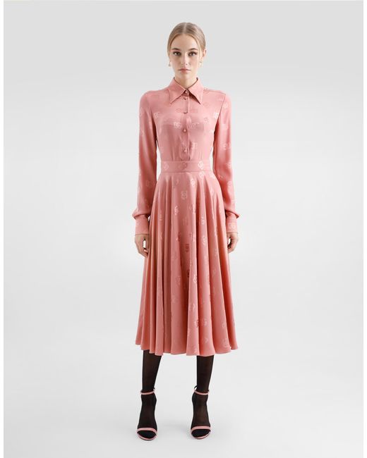 Dolce & Gabbana Pink Silk Jacquard Calf-Length Circle Skirt With Dg Logo
