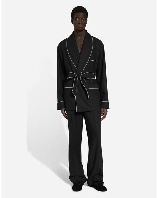 Dolce & Gabbana Black Wool Piped Robe Coat for men