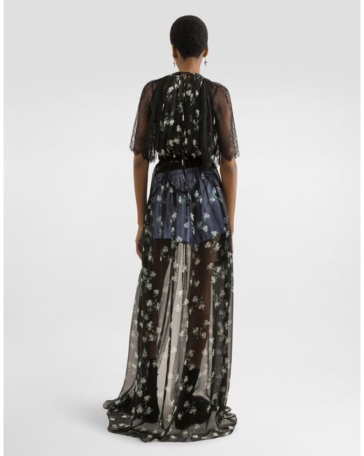 Dolce & Gabbana Black Violets-Print Chiffon Robe Dress