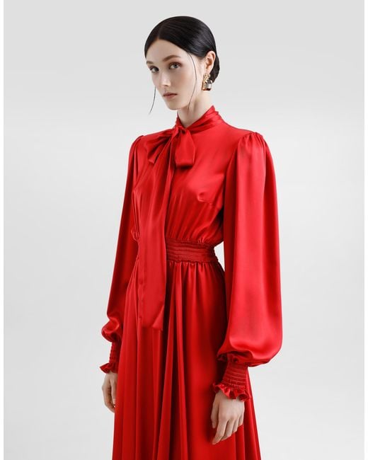 Dolce & Gabbana Red Silk Satin Shirt Dress With Pussy-Bow