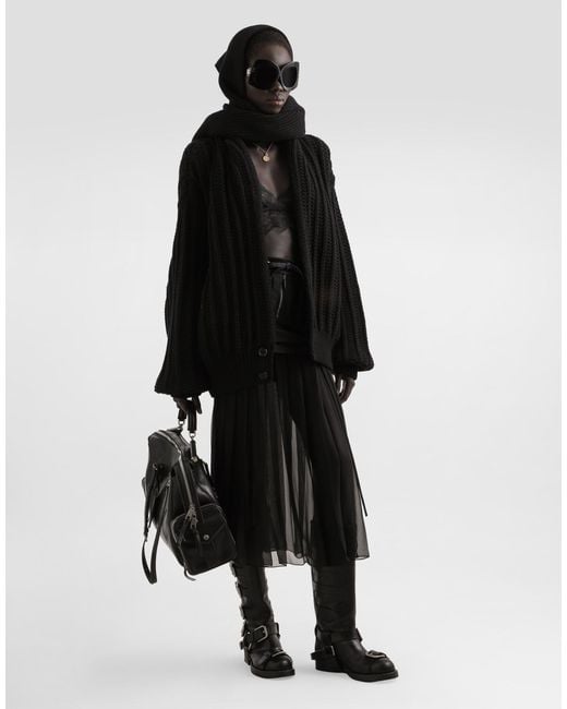 Dolce & Gabbana Black Twill Midi Skirt With Chiffon