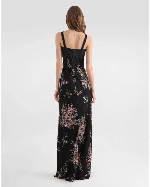 Dolce & Gabbana White Flower Bouquets-Print Long Charmeuse Dress