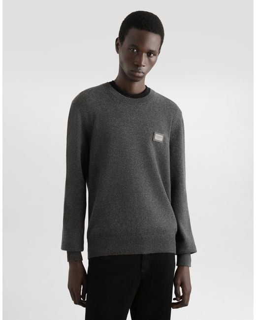 Dolce & Gabbana Gray Wool Round-Neck Sweater With Branded Tag for men