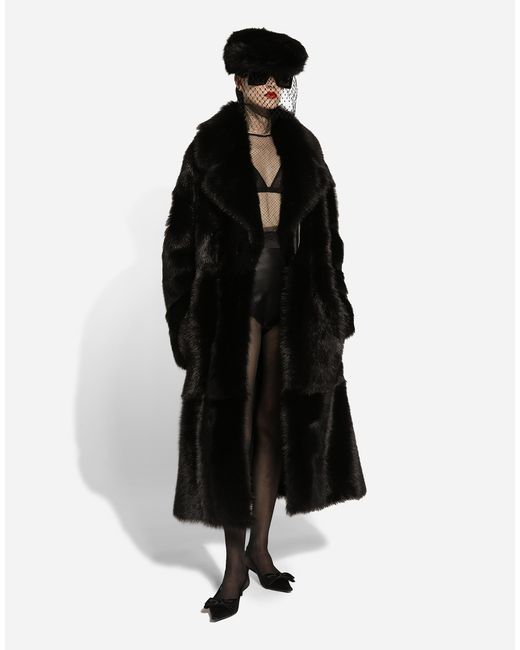 Dolce & Gabbana Black Shearling Flat Cap With Veil
