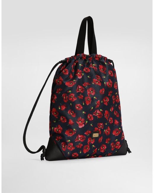 Dolce & Gabbana Red Poppy-Print Nylon Backpack