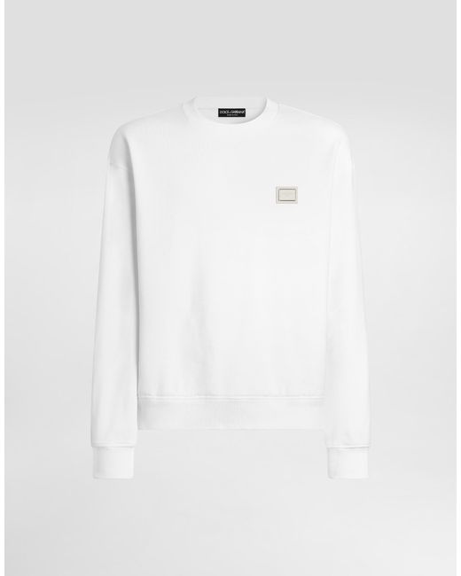 Dolce & Gabbana White Jersey Sweatshirt With Logo Plate for men