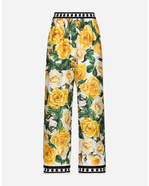 Dolce & Gabbana Yellow Silk Pajama Pants With Rose
