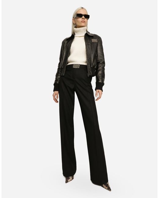 Dolce & Gabbana Black Ausgestellte Hose Aus Flanell Mit Logoplakette