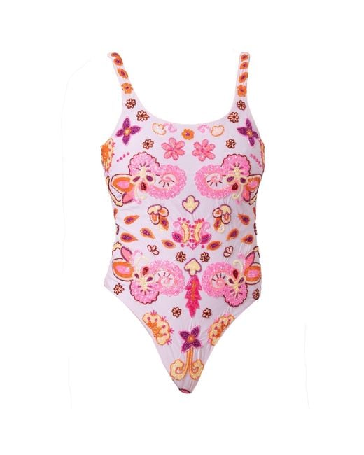 Self-Adore Pink Floral Fiesta Hand-Beaded Embellished One-Piece Swimsuit