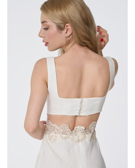 GIORGIA LUCASI Natural Ivory Linen Midi Dress With Lace Detail