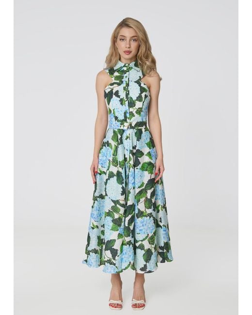GIORGIA LUCASI Green Hydrangea Print Linen Midi Dress