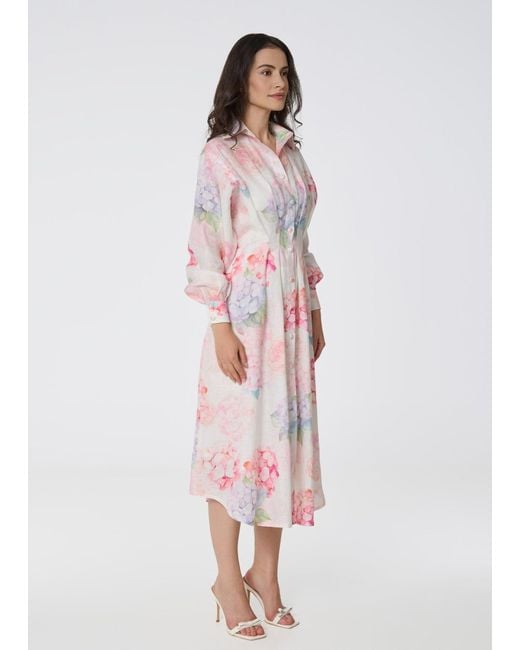GIORGIA LUCASI Pink Floral Linen Shirt Dress With Balloon Sleeves