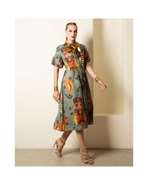 A.nty Story Blue Puff Sleeve Midi Dress With Waist Tie