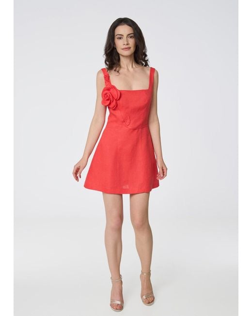 GIORGIA LUCASI Red Coral Linen Mini Dress With Rose Strap