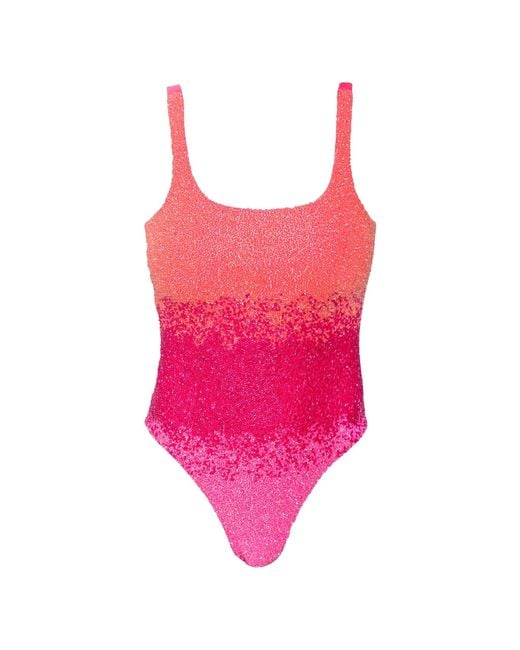 Self-Adore Pink Ombre Hand-Beaded Embellished One-Piece Swimsuit