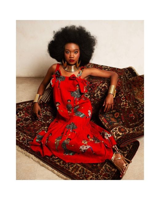 A.nty Story Orange Statement Bow Midi Dress