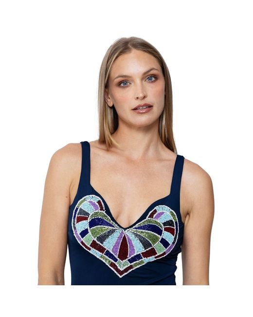 Self-Adore Blue Amor Hand-Beaded Embellished One-Piece Swimsuit