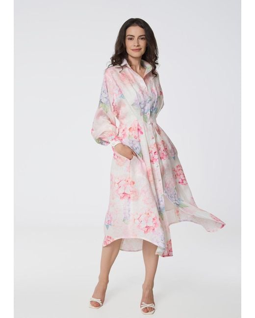 GIORGIA LUCASI Pink Floral Linen Shirt Dress With Balloon Sleeves