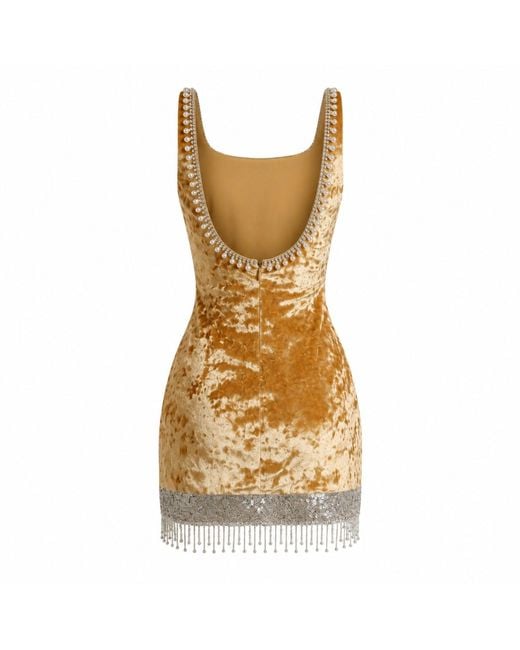 International Appeal Metallic Mustard Velvet Pearl Mini Dress