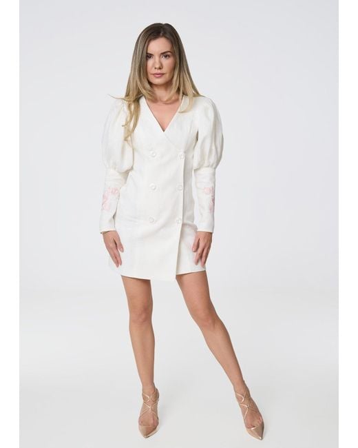GIORGIA LUCASI White Ivory Linen Blazer Dress With Rose Embroidery
