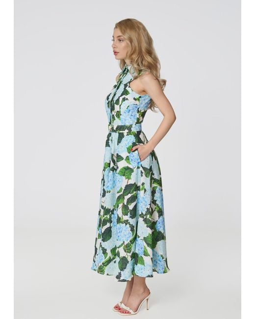 GIORGIA LUCASI Green Hydrangea Print Linen Midi Dress