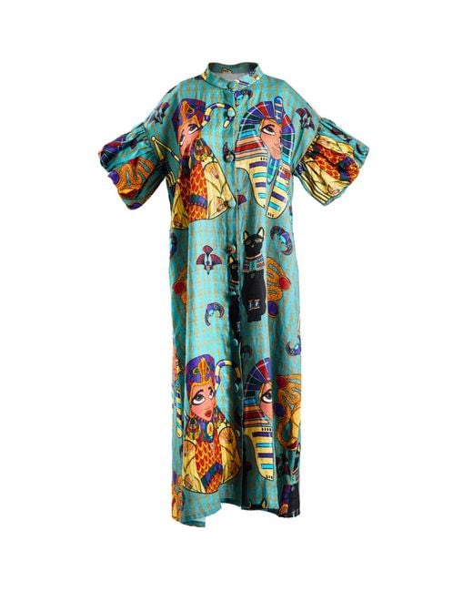 A.nty Story Blue Puff Sleeve Midi Dress With Waist Tie