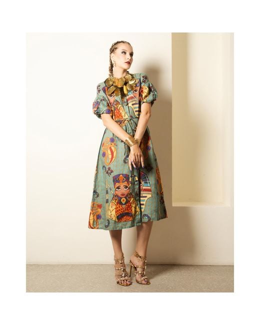 A.nty Story Blue Puff Sleeve Midi Dress With Waist Tie