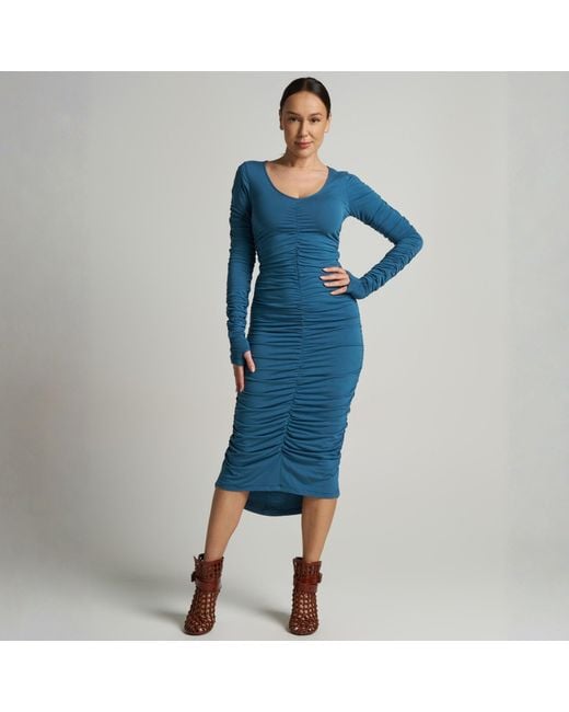 LIZ SKORSIS Blue Viva Scoop Neck Ruched Dress