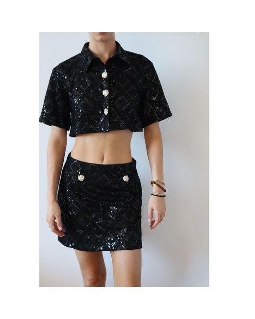 International Appeal Black Sequin Co-Ord Crop Shirt