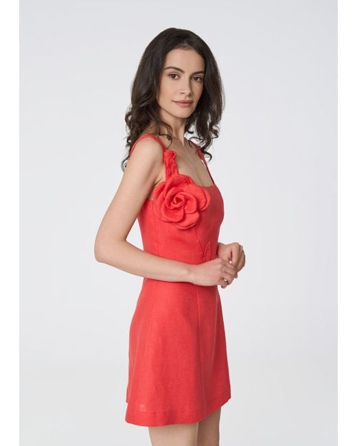 GIORGIA LUCASI Red Coral Linen Mini Dress With Rose Strap